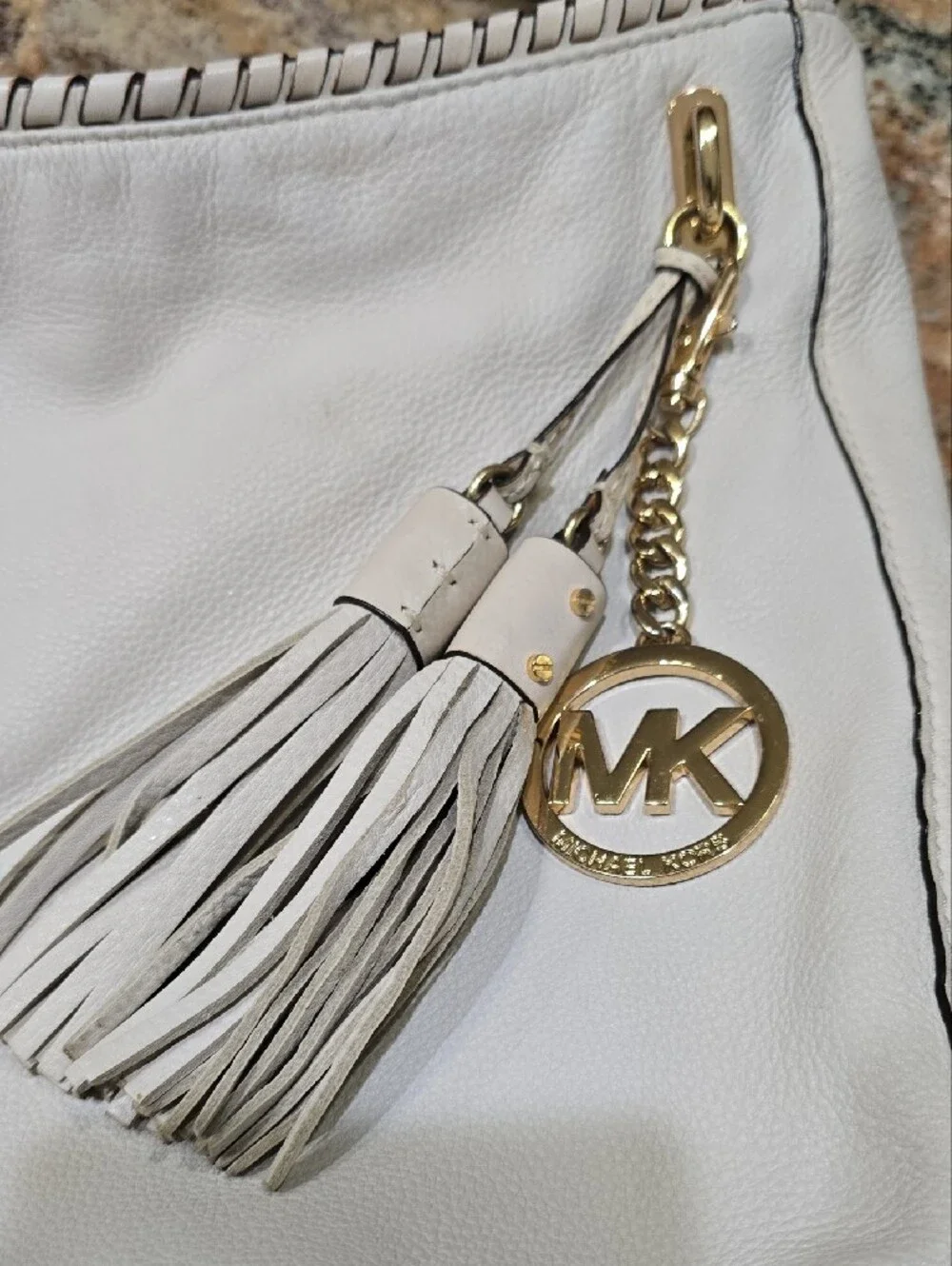 Michael Kors Off White Leather Hobo Bag Purse with Tassel and Gold MK Charm